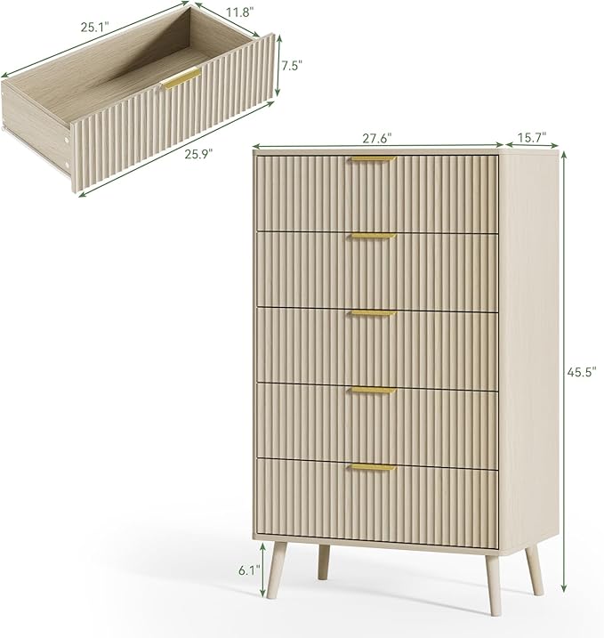 LYNSOM Fluted 5 Drawers Dresser, 45" Tall Modern Chest of Drawers with Curved Profile Design and Metal Handle, Wood Drawer Organizer for Bedroom, Living Room, Hallway, Entryway, Beige