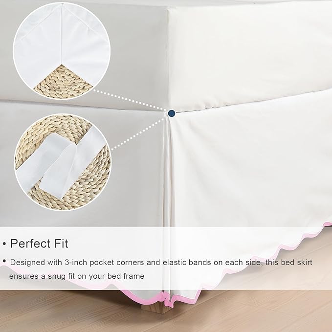 HIG Off-White Chic Queen Bed Skirt - Easy Fit Scallop Edge Pleated Bedskirts, 14 Inch Drop Anti-Slip Dust Ruffle, Thick Fabric for Enhanced Privacy, Pre-Washed for Long-Lasting Use(N60022)
