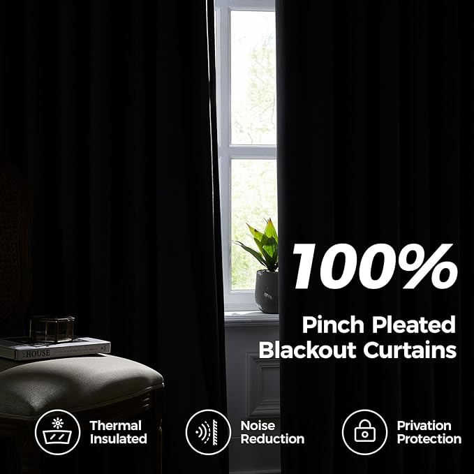 Pinch Pleated 100% Blackout Curtains for Bedroom, Yellow Velvet Curtains for Living Room, Black Out Curtain 90 inch Long Room Darkening, Blackout Pinch Pleat Drapes with Hooks 2 Panels