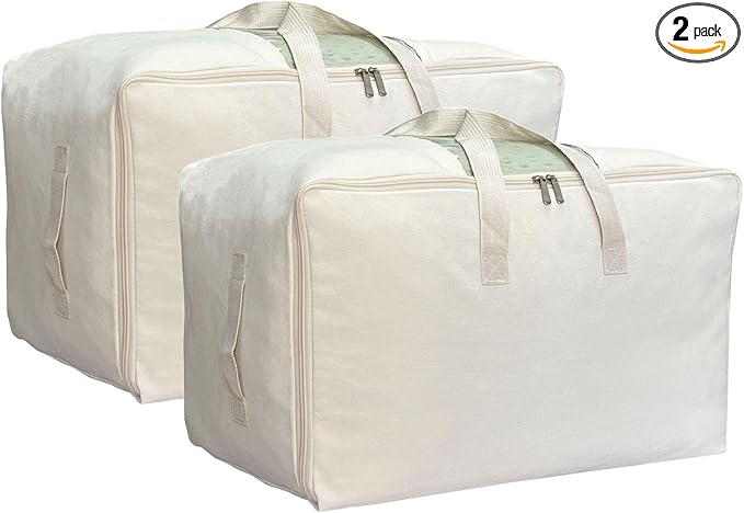 Soft Large Canvas Comforter Storage Bags with Four Carrying Handles and Clear Window, Closet Organizer for Clothing, Blankets Sheets Pillows and Bedding, 80L, 2 Pack, Beige