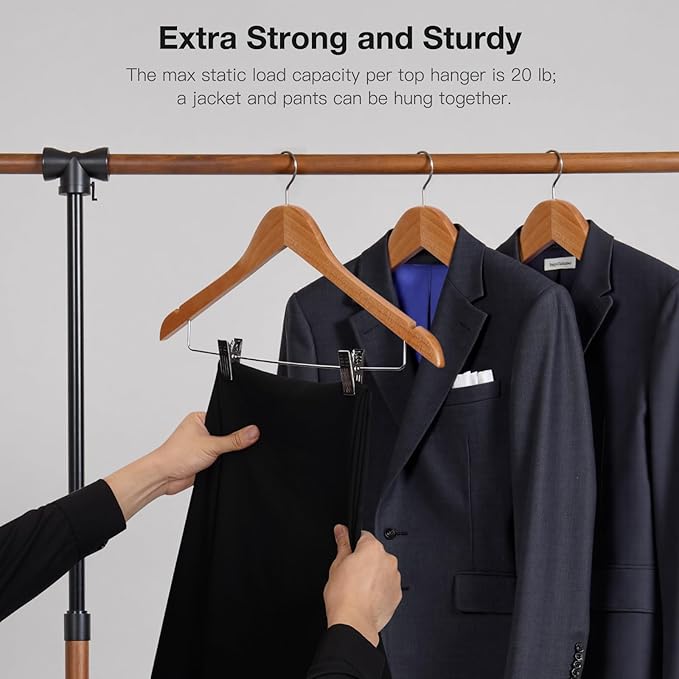 Wooden Hangers with Clips 24 PCS Pants Hangers with Clips,Smooth Solid Wooden Pants Hangers,360 Swivel Hooks & Adjustable Clips,for Jeans,Skirt,Suit,Shorts,Scarf.
