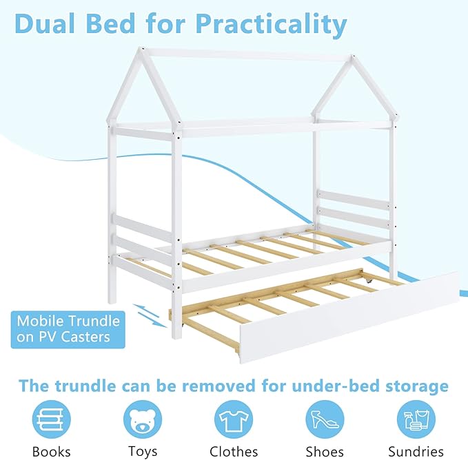 Giantex House Bed with Trundle, Solid Wood Twin Size Daybed for Girls & Boys, Kids Platform Bed Frame with Roof for Bedroom, No Box Spring Needed, White