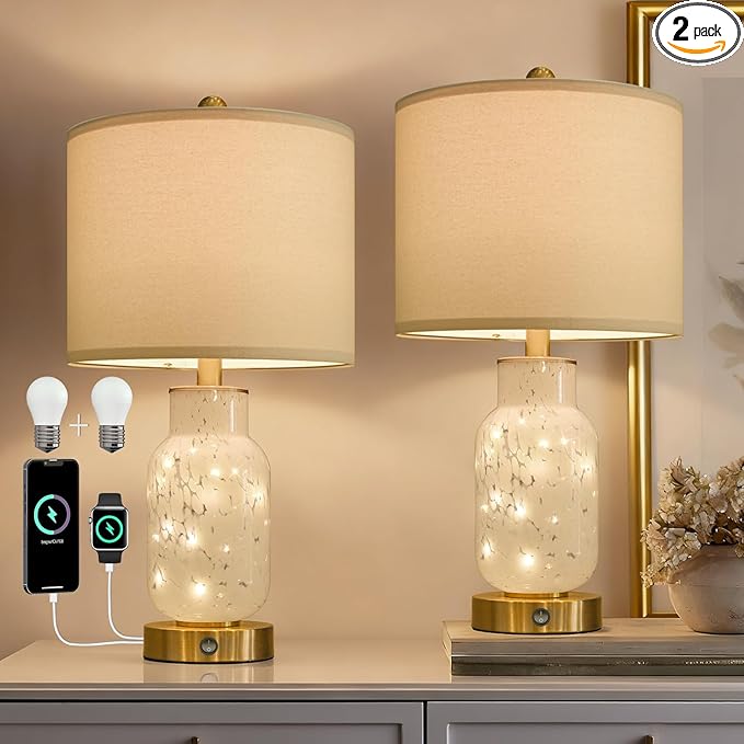 Oneach 22" Glass Table Lamps Set of 2, White Modern Bedside Lamp with LED Night Light for Living Room, Nightstand Lamp with USB Ports for Bedrooms, Study Room, End Table(2 Bulbs Included)