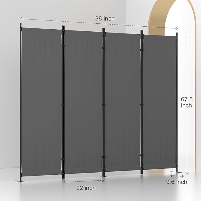 Room Divider, 4 Panel Folding Privacy Screen, 88” Portable Separating with 3 Metal Feet, Partition Room Dividers, Lightweight Freestanding Wall Divider Screen for Office Bedroom Hospital(Grey)