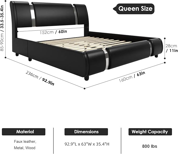 TTVIEW Modern Faux Leather Upholstered Platform Bed Frame with Iron Metal Decor, Adjustable Curved Headboard, Wooden Slats Support, No Box Spring Needed, Queen Size, Black