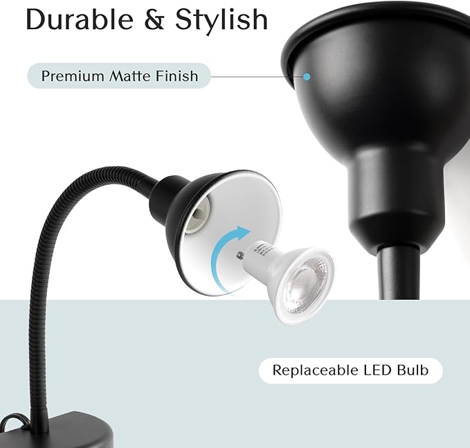 Solfres Patented Innovative Design Headboard Reading Light. No Drilling Golden Book Light for Bedtime Reading. Dimmable LED Book Reading Lamp with Bulb. Movable & Flexible, Black