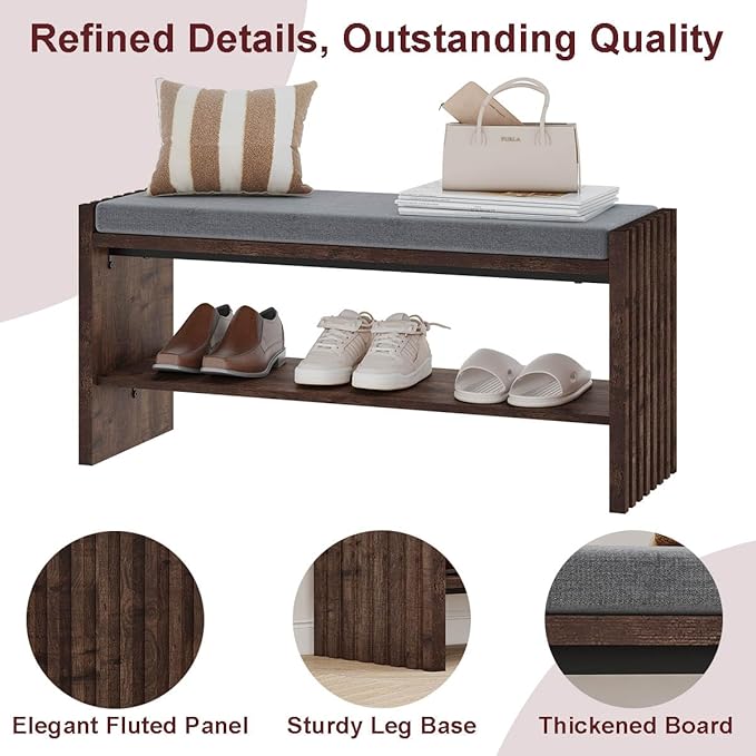 BON AUGURE Shoe Bench with Storage, Entryway Bench with Cushion & 2-Tier Shoe Rack, Modern Ottoman Storage Bench for Mudroom, Hallway, Bedroom (Rustic Oak, 40 Inch Wide)