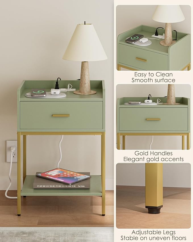 Masupu Nightstand with Charging Station,3-Tier Modern Bedside Night Stand with Storage Drawer and Shelf,Small End Side Table for Bedroom,Living Room,Gold and Green