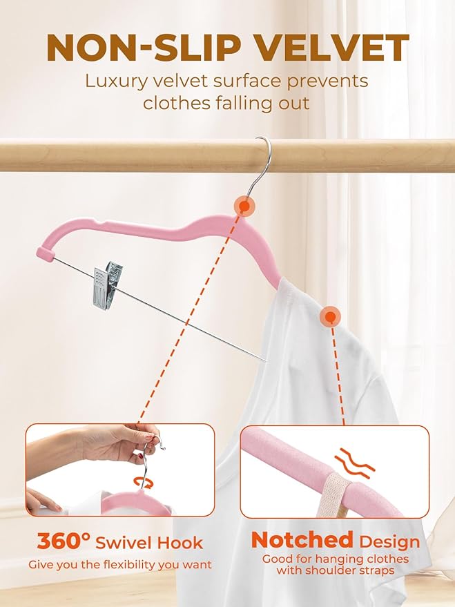 HOUSE DAY Velvet Skirt Hangers - Pink Velvet with Adjustable Clips, Space Saving, Slim, Heavy Duty and Non Slip for Pants, Skirts, Shorts - 24 Pack