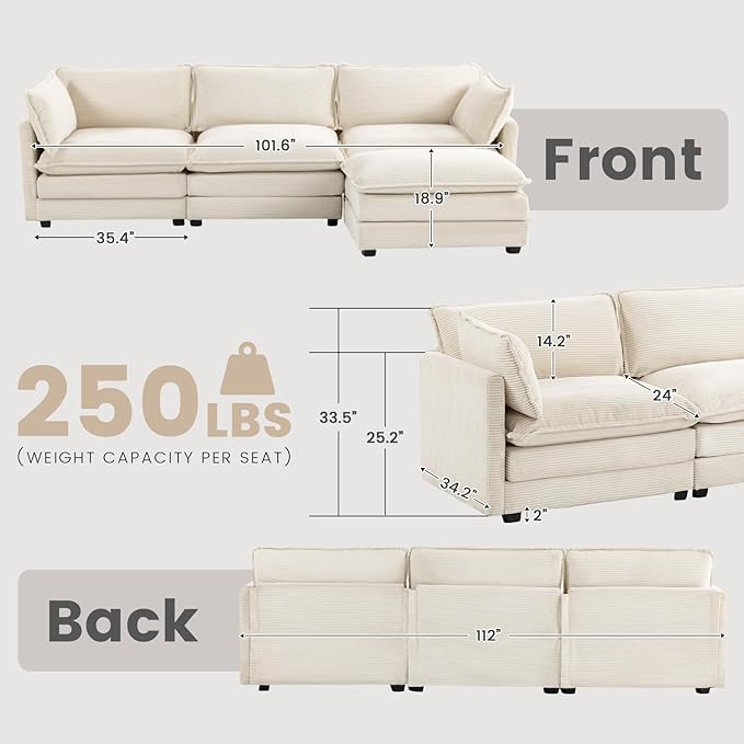 ROWHY Oversized Modular Sectional Sofa with Movable Ottoman, 112 Inch 4 Seat Modern Corduroy Sofa Set, Convertible L Shaped Couch for Living Room and Office, Beige