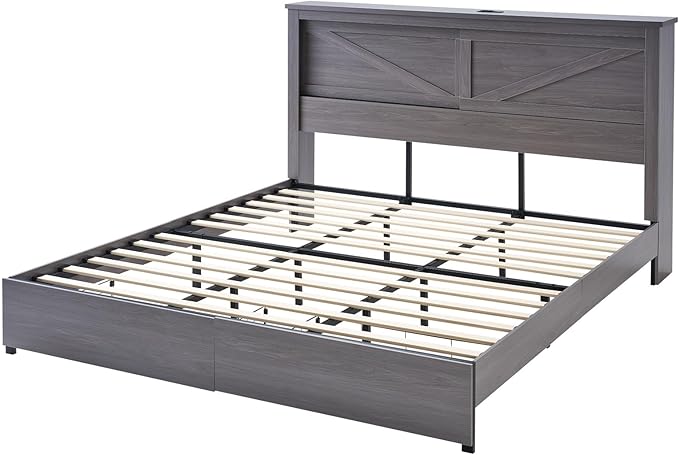 AMERLIFE 47.2" H King Bed Frame with Hidden Space Bookcase Headboard and Charging Station, Beds with 2 Storage Drawers and Wood Slats, No Box Spring Needed, Grey
