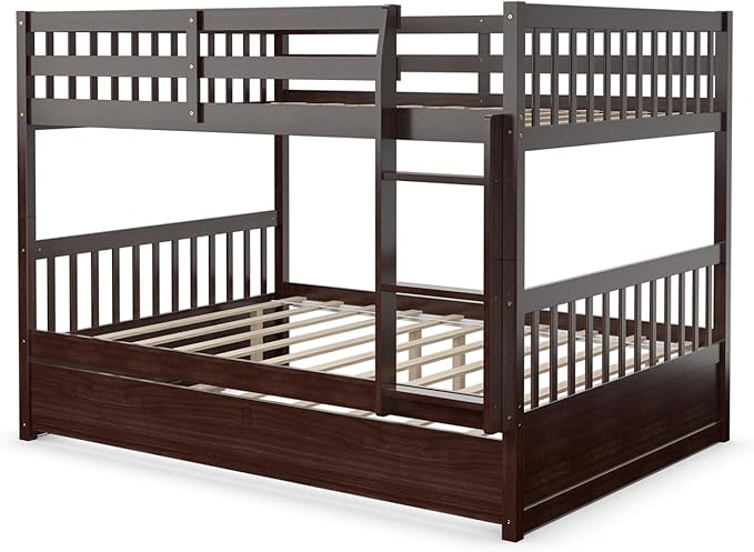 Giantex Full Over Full Bunk Bed with Trundle, Solid Wood Trundle Bed Frame w/Guardrails and Ladder, Convertible to 2 Beds, Full Size Bunk Beds for Adults Kids Teens, No Box Spring Needed,Espresso