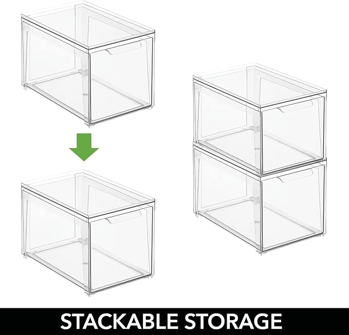 mDesign Plastic Stackable Bathroom Storage with Pull Out Bin Organizer Drawer for Cabinet, Vanity, Shelf, Cupboard, Cabinet, or Closet Organization - Lumiere Collection - 8 Pack - Clear