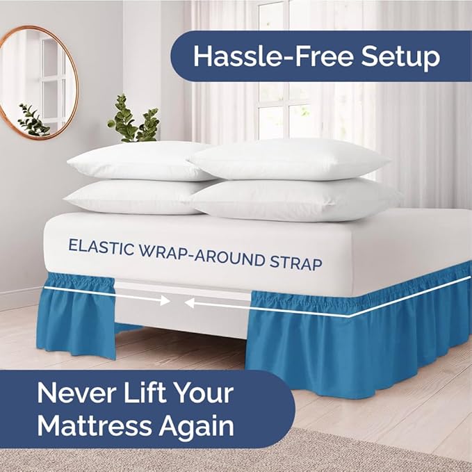 Wrap Around Dust Ruffle Bed Skirt - Denim Blue - for Full Size Beds with 21 Inch Drop - Elastic Strap - Adjustable Pleated Bedskirt with Brushed Fabric and Wrinkle Free - for Women, Men, Kids & Teens