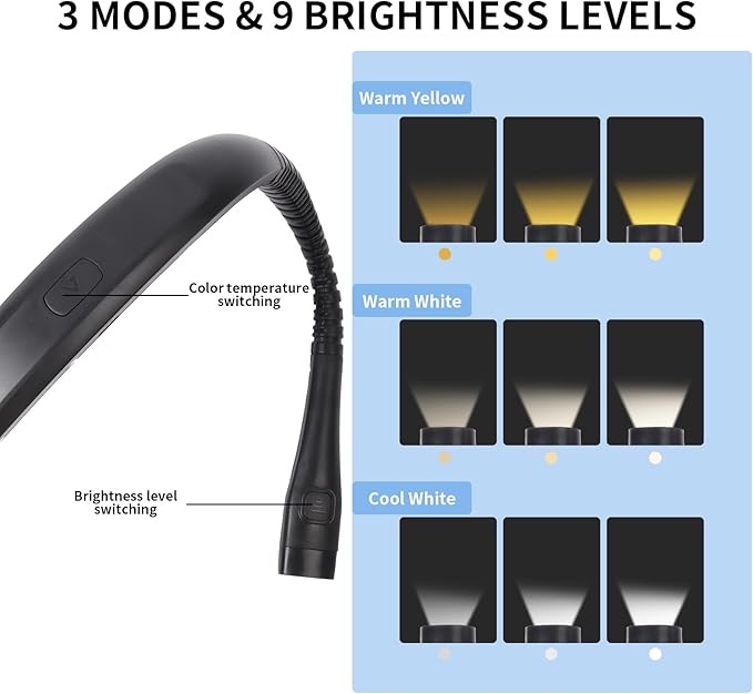 Book Light, 3-Color & 9-Brightness Reading Light, Bendable Neck Light, 80-hr Lasting Rechargeable Lamp, Perfect Book Light for Reading in Bed, Knitting, Camping (Black, Classic)