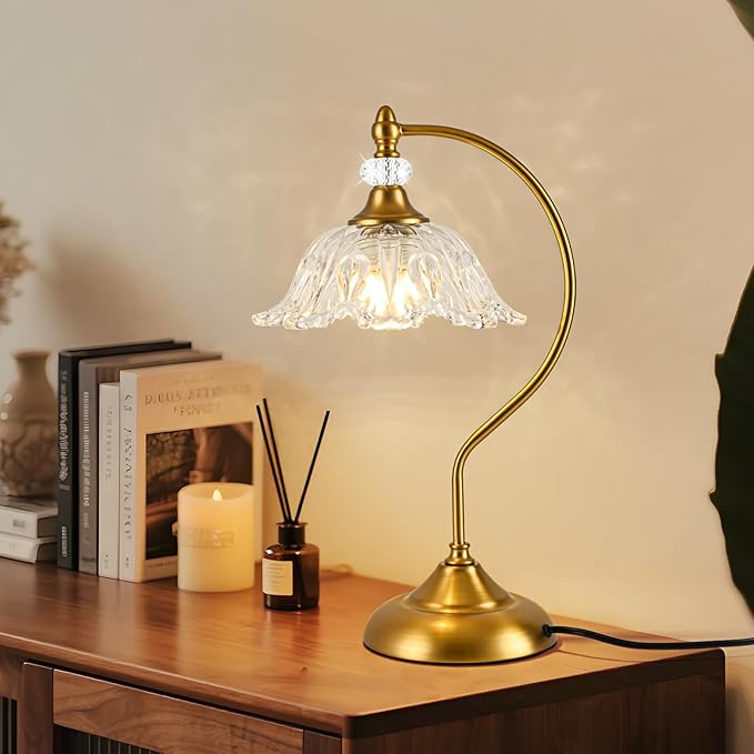Vintage Table Lamp with a Floral Clear Glass Shade, A Plug-in Nightstand Lamp in Matte Brass Finish for Bedroom, Living Room,Office, and Desk