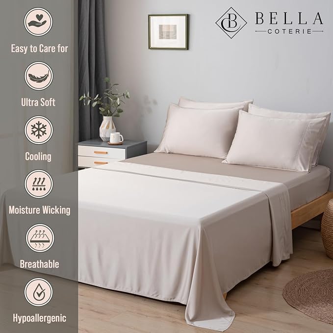 Bella Coterie 6 Piece Luxury Bamboo Viscose Split Top King Size Sheet Set | 34" Split for Adjustable Beds | 100% Organically Grown| Cooling | 18” Deep Pocket | 4 Pillowcases [Dune]