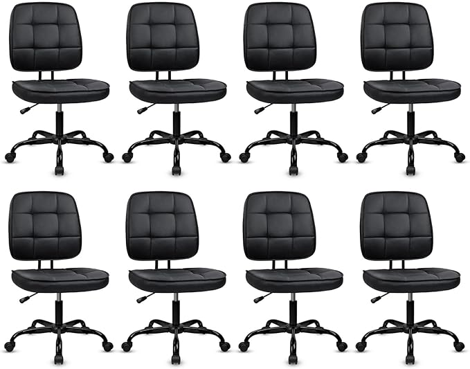 CLATINA Armless Home Office Chair with Lumbar Support and Wheels, Small PU Leather Ergonomic Low Back Desk Chairs No Arms, Adjustable Height 360° Swivel Rolling Computer Task Chair, Black, 8 Pack