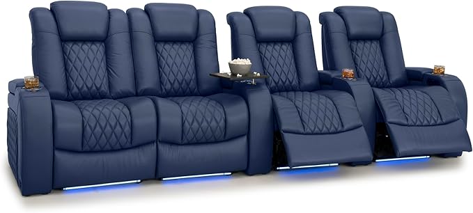 Seatcraft Diamante Zero-Gravity CoolZero Italian Leather Home Theater Seating, Power Headrest, Power Recline, Row of 4 Left Loveseat, Navy Blue
