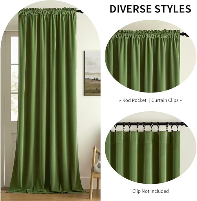 Joydeco Green Velvet Curtains 96 inch 2 Panel, Room Darkening Super Soft Velvet Drapes for Bedroom Living Room Thermal Insulated Window Drapes, Luxury Blackout Rod Pocket Curtains,W52 x L96 inch