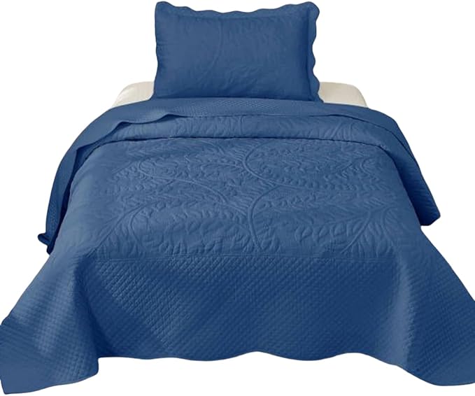 MarCielo 3-Piece 100% Cotton Oversized Bedspread Lightweight Quilt Coverlet Embroidery Farmhouse Bedding Set T0 (Midtone Blue, Twin (68"x86"))