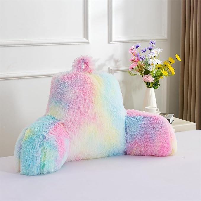 Holawakaka Shaggy Reading Pillow for Bed and Sofa Couch Sitting Up, Tie Dye Backrest Pillows with Arms for Kids Teens Adults, Back Support Cushion for Lounging, Watching TV, Working on Laptop