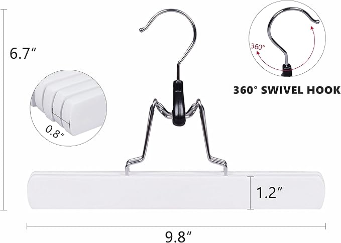 Amber Home 10 Pack White Wooden Pants Hangers, Wood Clamp Hangers with Non Slip Padded Velvet, Jeans/Slacks Hangers Hair Extension Hangers for Skirts, Trousers, Wigs (White, 10)