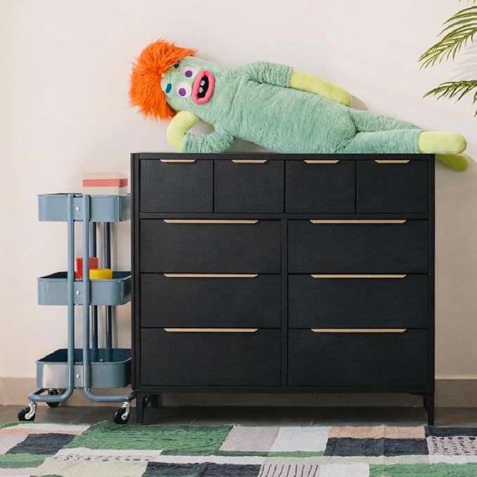 Naima Premium Fabric Dresser - Strong Metal Frame, 10 Spacious Sag-Proof Drawers with Sleek Metal Handles - Premium & Durable Storage Solution for Your Home (Black)