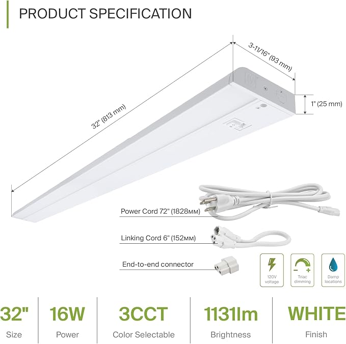 ASD LED Under Cabinet Lighting 32 Inch, Dimmable, Hardwired or Plug-in Installation, 3 Color Levels- 2700K/3000K/4000K, Linkable Kitchen Under Counter Lighting, ETL & Energy Star, White, 12 Pack