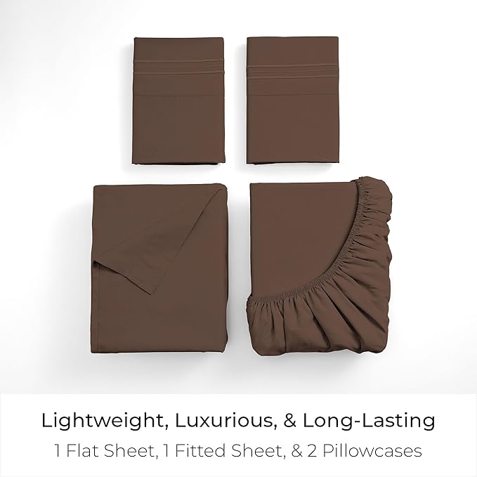 Mellanni Twin Sheet Set - 4-Piece Iconic Collection Bedding, (Including 2 Pillowcases), 16-Inch Deep Pocket, Easy Care, Extra Soft, Cooling Sheets, Brushed Microfiber - Brown