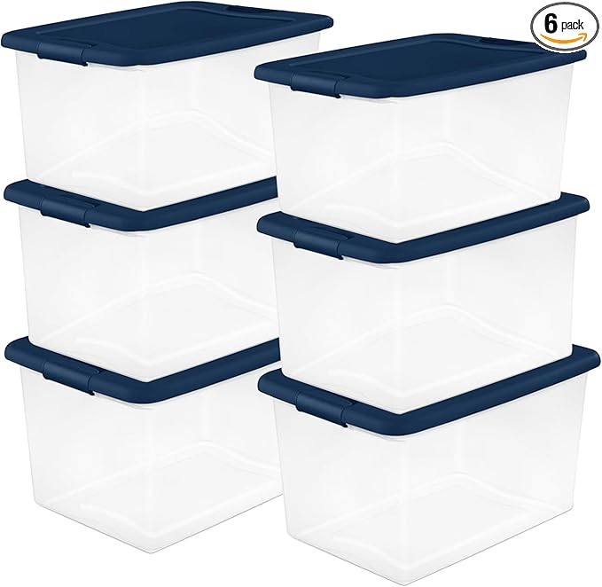 Sterilite 6-Pack Color Program, Large Clear Plastic Storage Bins with Lids, 64 Quart, Blue - Stackable Organizing Container Boxes for Closet, Bathroom, and Office