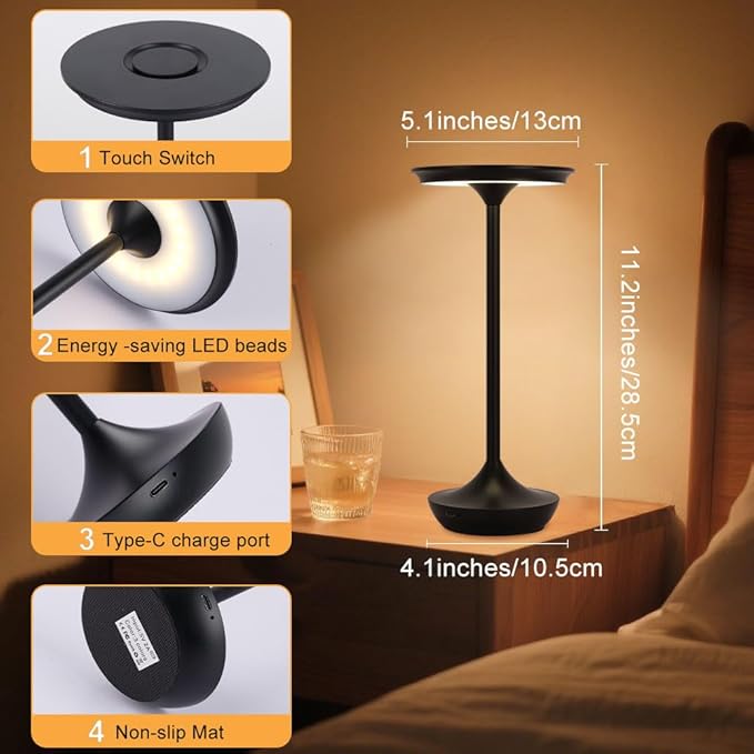EJQ Rechargeable Cordless Table Lamp, 6000mAh Battery Operated LED Table Lights,Touch Control - 3 Color Dimmable for Bedroom, Patio, Cofee, Outdoor,Dining Home,Restaurant&Living Room-Black