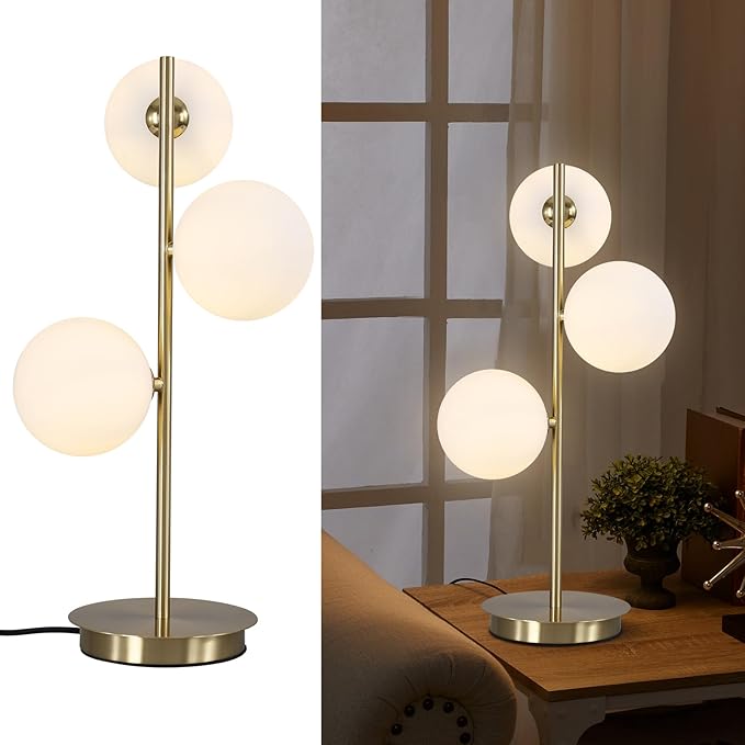3 Lights Brass Metal Bedside Lamp, Mid Century Globe Table Light, White and Gold Reading Lamp for Office Living Room Dresser Bathroom, G9 Base