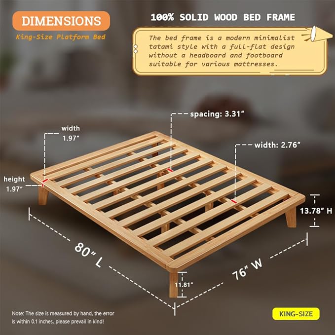 King Platform Bed Base - 14 Inch Solid Wood Mattress Foundation with Support Slats and Legs, King-Size Rubberwood Simple Bed Frame