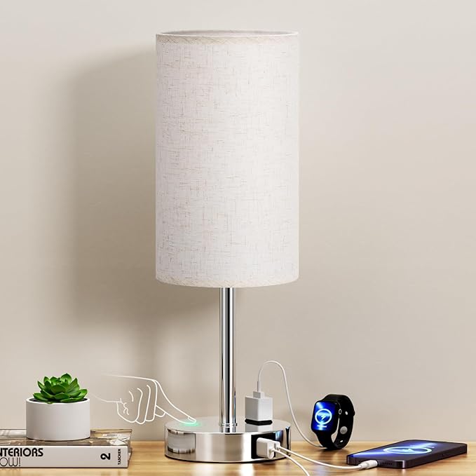 17.4Inch Bedside Touch Table Lamps for Bedroom Nightstand with USB-C USB-A Charging Ports White - 3 Way Dimmable Control Small Lamp Fabric Shade Silver Base for Office, Dorm Room, Living Room, Reading