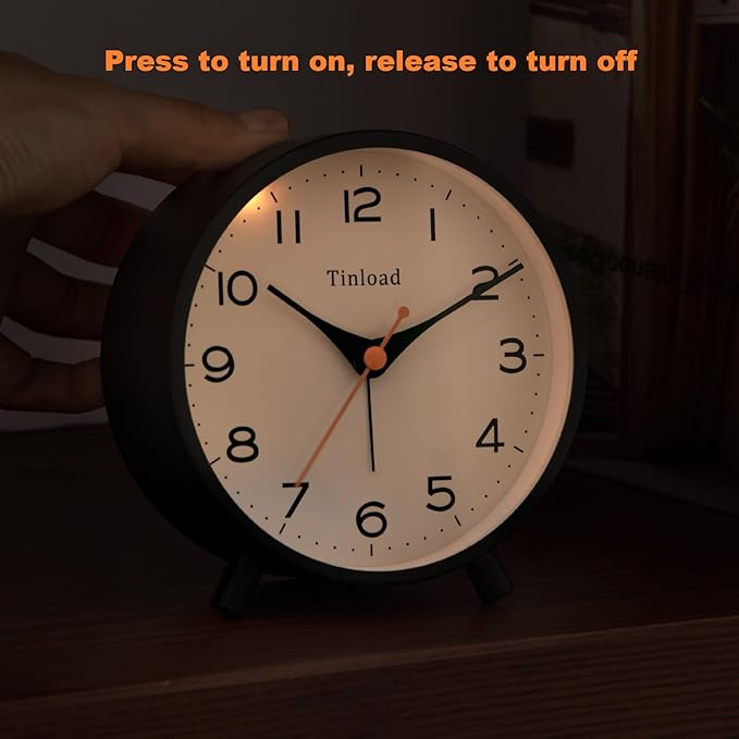 4.5" Antique Retro Analog Alarm Clock, Small Silent Bedside Desk Clock,Lighted on Demand, Battery Operated, Snooze, for Living Room, Bedroom, Bedside(Black)