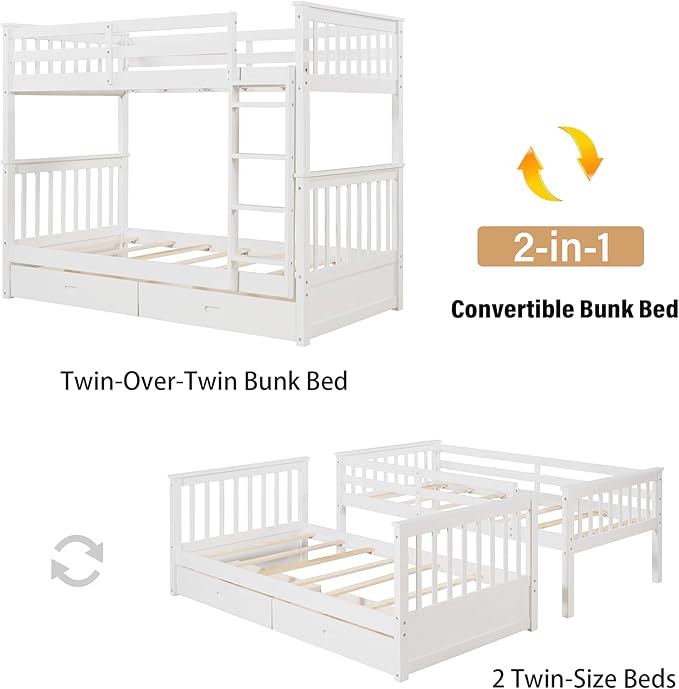 Merax Wood Bunk Bed with Drawers,Convertible Bunk Bed with Ladders and Two Storage Drawers,Solid Wood Detachable Bed Frame with Ladders,Twin Over Twin Size,White