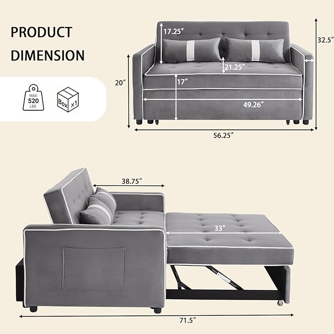 Convertible Sofa Bed, 3-in-1 Loveseat Futon Sofa Bed with 3-Position Adjustable Backrest & Side Pocket, Modern Velvet Fabric Pull Out Couch for Living Room, Small Spaces (Grey)