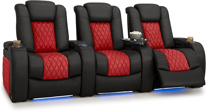 Seatcraft Diamante Zero-Gravity CoolZero Italian Leather Home Theater Seating, Power Headrest, Power Recline, Row of 3, Black/Red