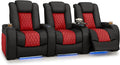 Seatcraft Diamante Zero-Gravity CoolZero Italian Leather Home Theater Seating, Power Headrest, Power Recline, Row of 3, Black/Red