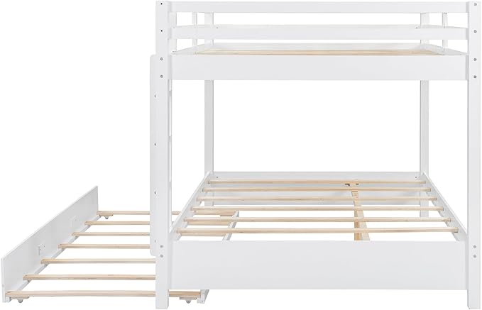 Bellemave Queen Over Queen Size Bunk Bed with Trundle for Kids/Adults,Solid Wood Bunk Bed Frame Queen Size with Ladder & Safety Guardrails,White
