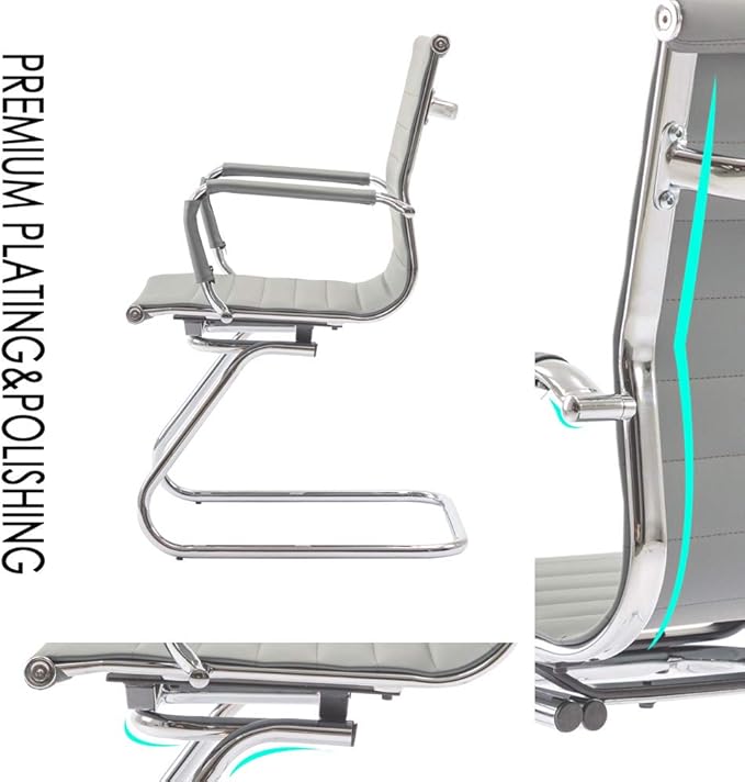 Wahson Office Guest Chairs Set of 2, Leather Reception Chairs, Mid Back Waiting Room Chair, Conference Chairs with Sled Base, Desk Chair No Wheels for Meeting/Lobby/Restroom, Grey