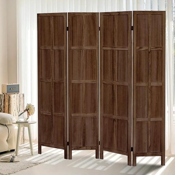 4 Panel Room Divider, 5.6Ft Wood Room Dividers and Folding Privacy Screens, Room Divider Wall Freestanding Room Partitions, Room Dividers Screen for Home Office Bedroom, Dark Brown