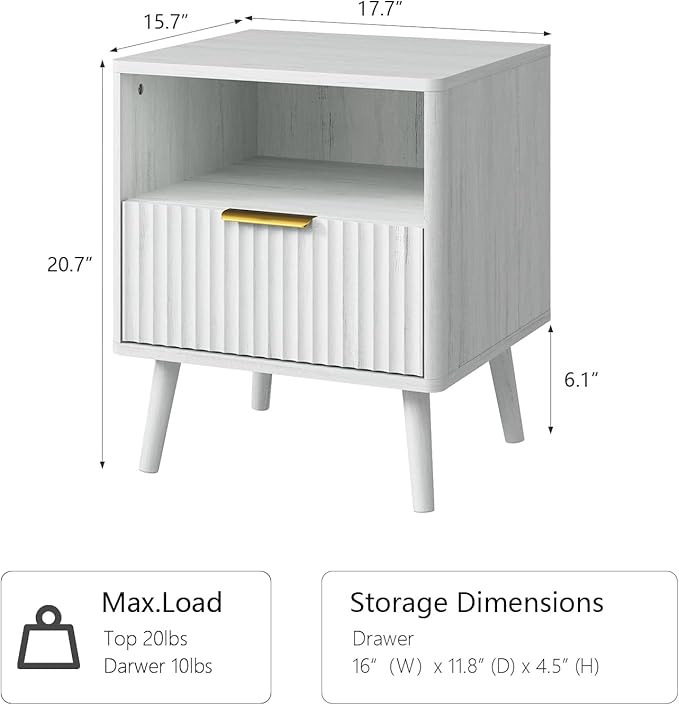 CARPETNAL Fluted Nightstand Set of 2, White Bedside Table with Drawer and Storage Shelf, Wood End Table Mid Century Night Stands for Bedroom Living Room