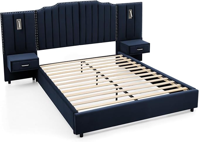 Luxury Queen Bed Frame with Headboard and Storage, Velvet Fabric Upholstered Platform Bed Frame Queen Size with LED Lights, Solid Frame & Bedside Table, No Box Spring Needed, Dark Blue