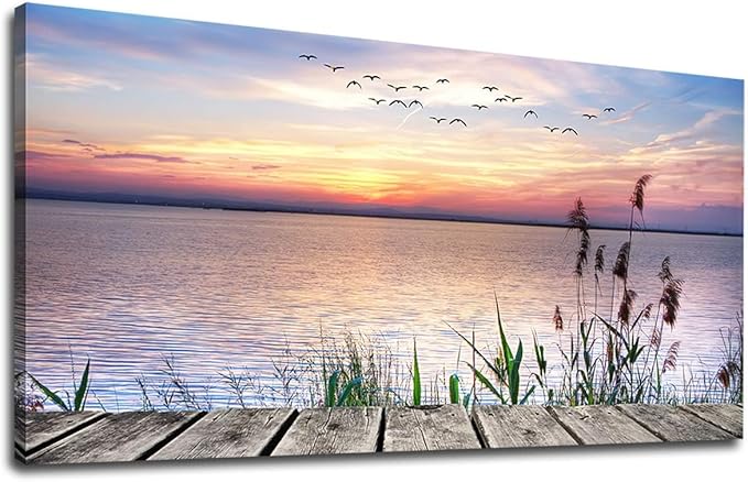 Yearainn Sunset Lake Wall Art - Nature Landscape Canvas Pictures, Wooden Dock Reed Grass Painting Print Flying Birds Artwork for Living Room, Bedroom, Home Office Wall Decoration 29" x 58"