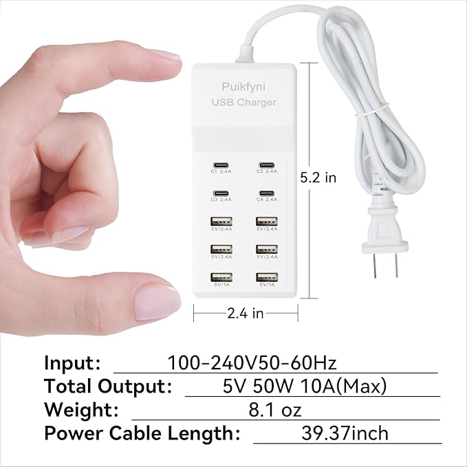 Puikfyni Portable USB C Charging Station,4 -C- Ports, USB Charging hub 10-Ports/USB c Charger Block for Multiple Devices Phones Tablet Smartwatch Headphones Speakers (USB-4C+6A)