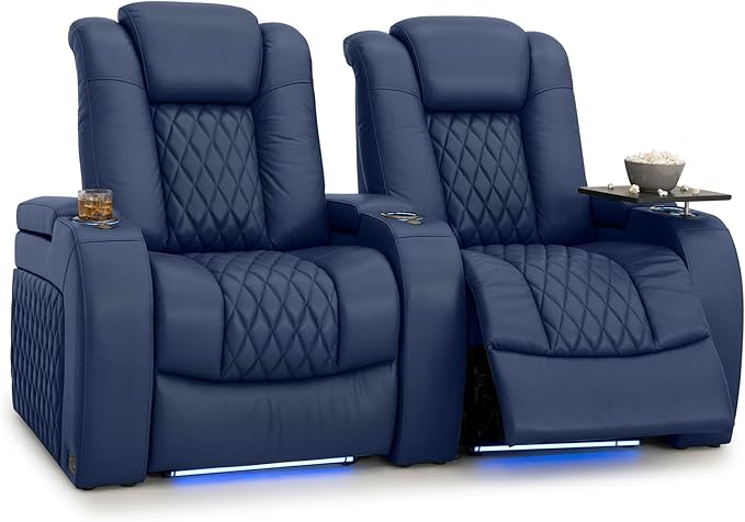 Seatcraft Diamante Zero-Gravity CoolZero Italian Leather Home Theater Seating, Power Headrest, Power Recline, Row of 2, Navy Blue