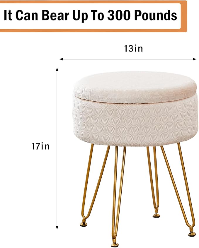 Cpintltr Modern Velvet Foot Rest Stool Upholstered Round Storage Ottomans Multipurpose Dressing Stools Luxury Home Decor Ottoman Coffee Table Top Cover Footstool with Metal Legs for Couch Beige