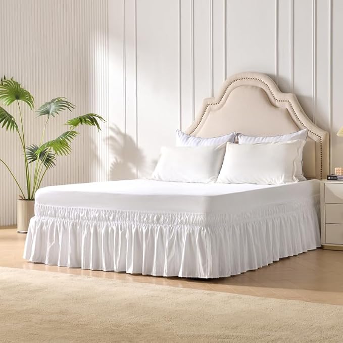 MIYE Striped Tufted Bed Skirt - Wrap Around Dust Ruffle with Elastic Belts - 15 Inch Drop Easy to Put On - Bedskirt Machine Washable ＆ Wrinkle Resistant(Striped/White, Full/Twin-15 Drop)